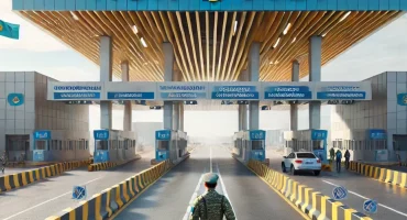 DALL·E 2025-04-11 12.50.26 — A realistic photo of a modern border checkpoint inspired by the ‘NUR JOLY’ architecture. The checkpoint has a wide, clean asphalt road with lane divid