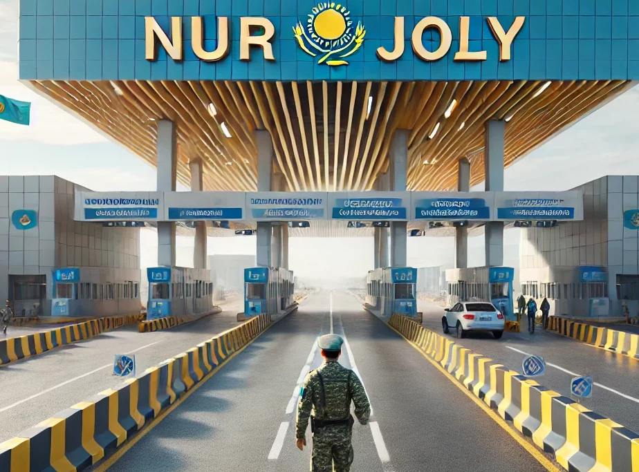 DALL·E 2025-04-11 12.50.26 - A realistic photo of a modern border checkpoint inspired by the 'NUR JOLY' architecture. The checkpoint has a wide, clean asphalt road with lane divid